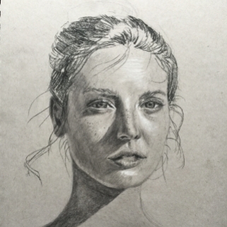 Woman in Sun - Charcoal on toned grey paper.