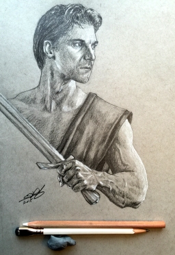 Ready Swordsman - Graphite and white charcoal on toned grey paper.