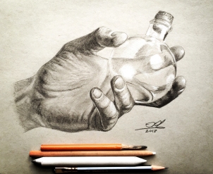 Hand with Flask - Black & White Charcoal, Graphite on toned grey paper.